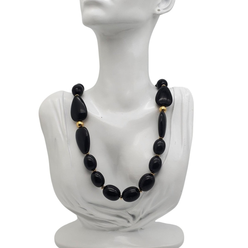 Napier Black & Gold Beaded Necklace Acrylic Graduated‎ Barrel Beads MCM 1960s - Picture 10 of 10